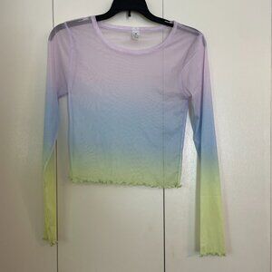 Aerie Medium Sheer Mesh Ombre Long Sleeve Cropped Top with Ruffle Edges